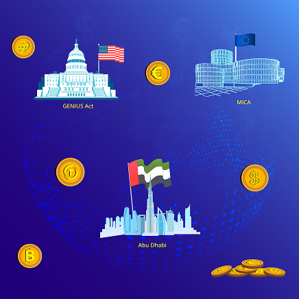Illustration representing global stablecoin regulation featuring the U.S. Capitol (GENIUS Act), the EU Parliament (MiCA), and Abu Dhabi’s investment role in crypto, surrounded by digital currency icons.