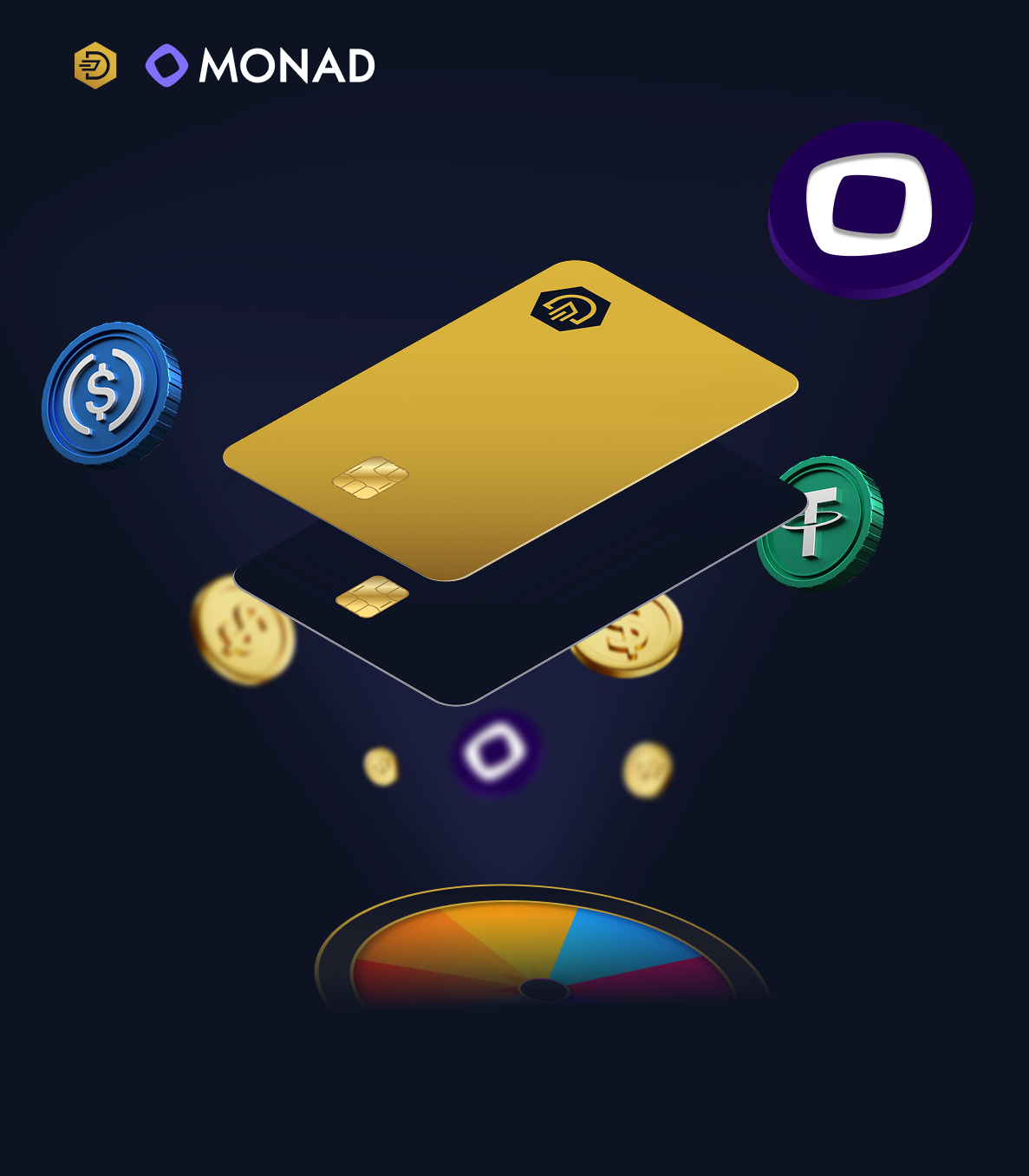 Illustration of Codora’s Spin & Win Web3 game on Monad, featuring digital tokens, reward elements, and gamified blockchain visuals.